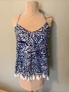 Lilly Pulitzer Blue and White Crochet-Trim Spaghetti Tank